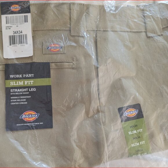 BRAND NEW DICKIES MENS PANTS 34W 34L SLIM STRAIGHT WORK CHINO KHAKI - Picture 1 of 6